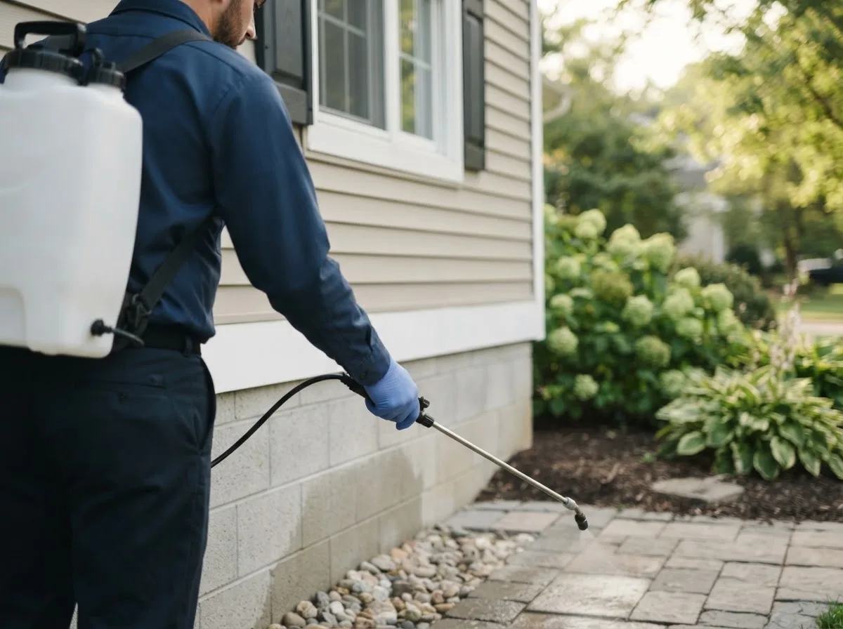 Pest control technician inspecting a home in Troutman, NC